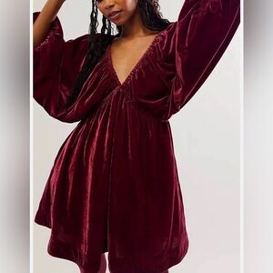 Free People Portia Velvet Babydoll Mini Dress XL Wine Milkmaid Fairy Ren Faire